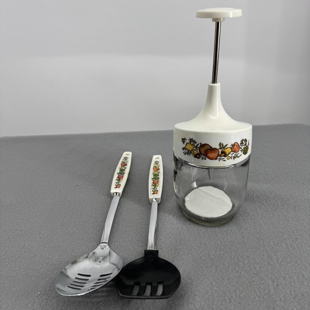 Vintage EKCO Manual Food Chopper Jar Set 3pc Spice of Life Fruit Pattern USA